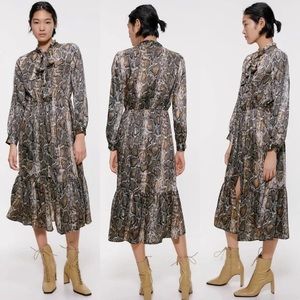 ZARA SNAKESKIN PRINT LONG SLEEVE Women's DRESS wTIE COLLAR